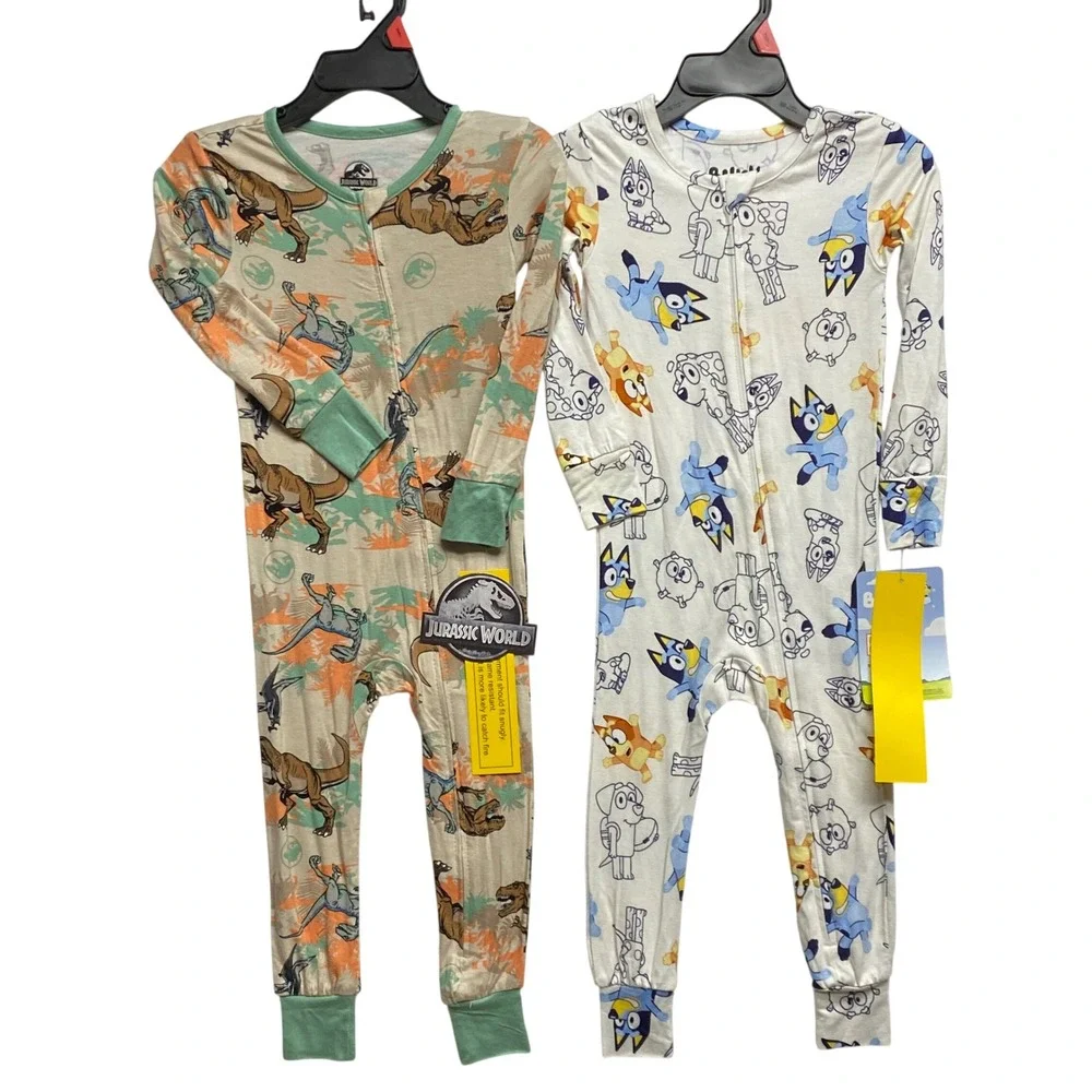 Jurassic World & Bluey Kids Pajamas Bundle 2 Pack‎ Zip Up Sleepers 12 MOs NWT
